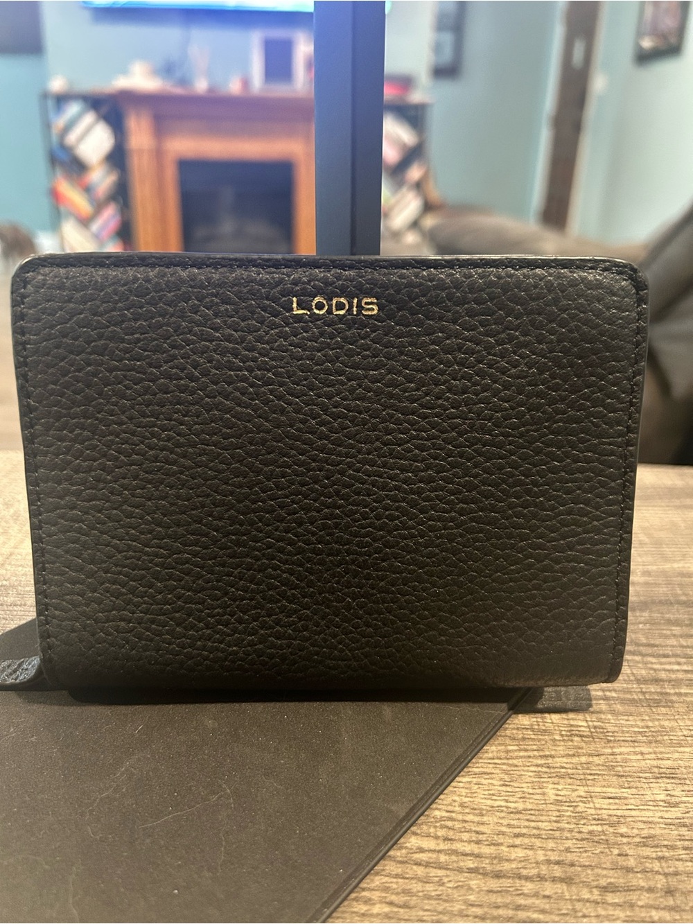 Lodis Black Pebbled Leather Zip Wallet with Gold Logo